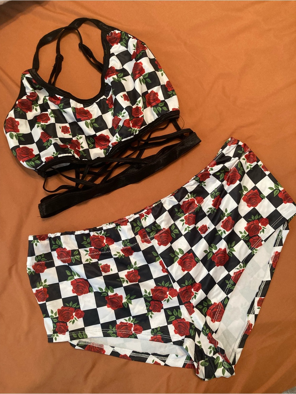 Floral Checkered Swim/Rave Set - Red Rose
